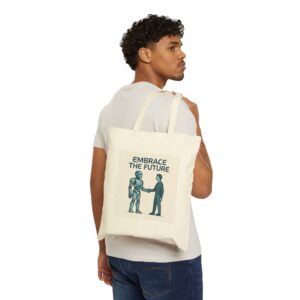 Embrace the Future Tote Bag – Robot & Human Handshake Canvas Tote